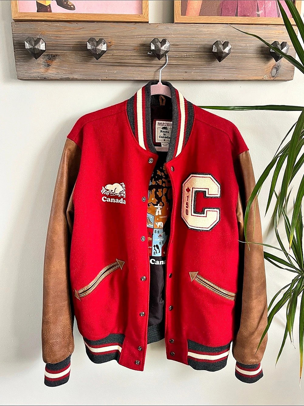 Roots Canada Sportswear Red & Brown Varsity Jacket Size XL Mens Like New